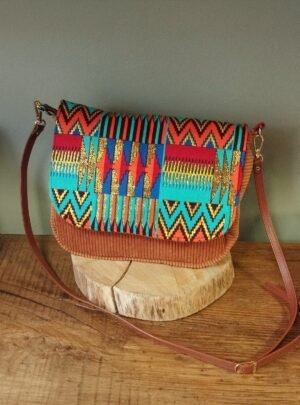 Sac besace velours wax kenté doré