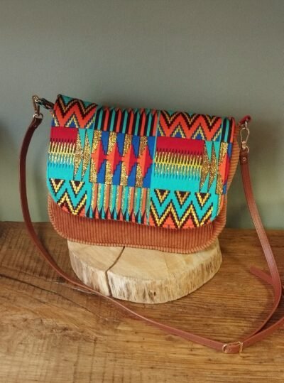 Sac besace velours wax kenté doré