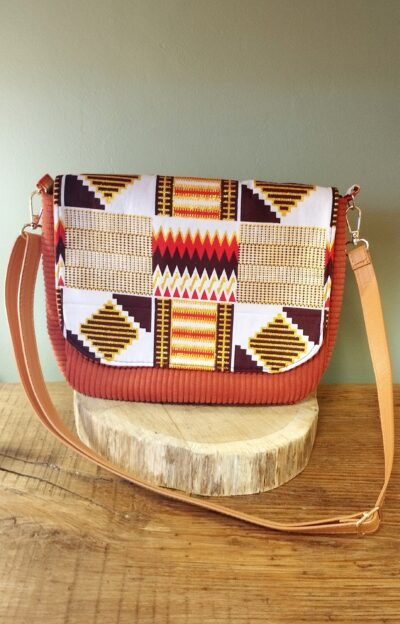 Sac besace en velours et wax kenté doré